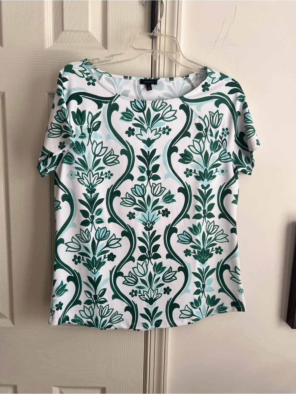 Talbots White Tee with Green Floral Scroll Print